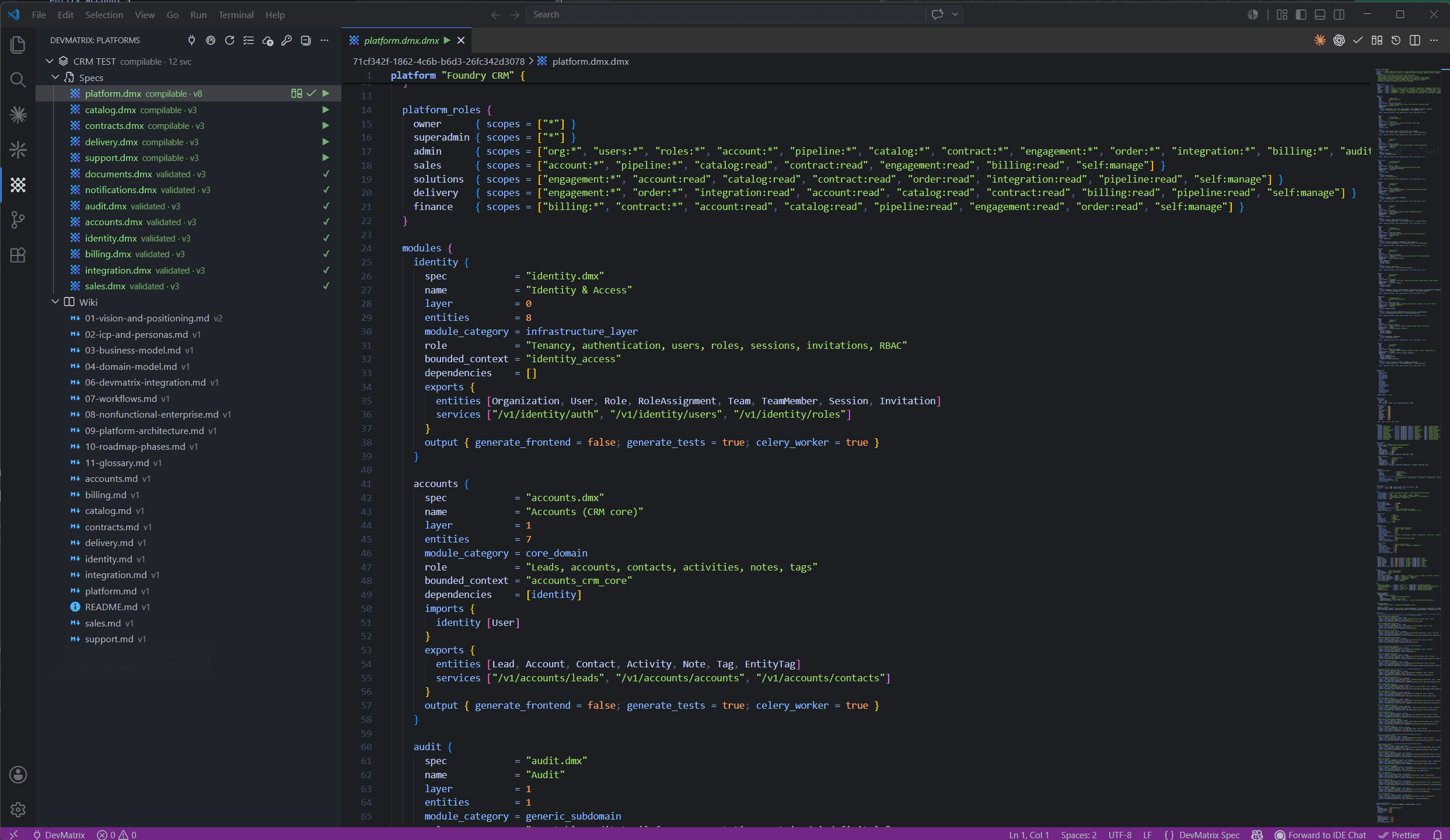 The DevMatrix VS Code extension: a .dmx spec with syntax highlighting, the Platforms tree and live validation