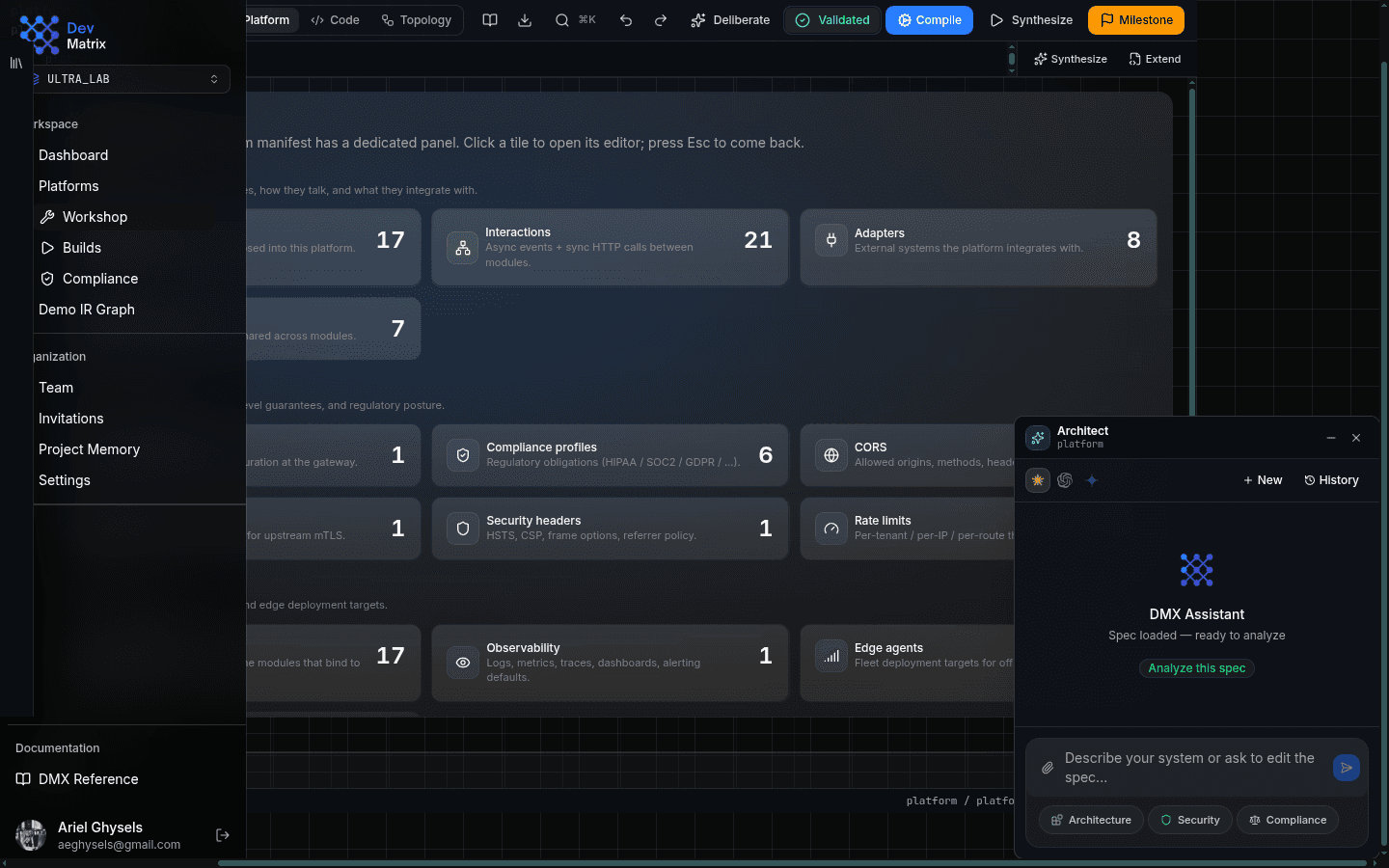 The AI architect chat open over the platform manifest, with Anthropic, OpenAI and Google providers