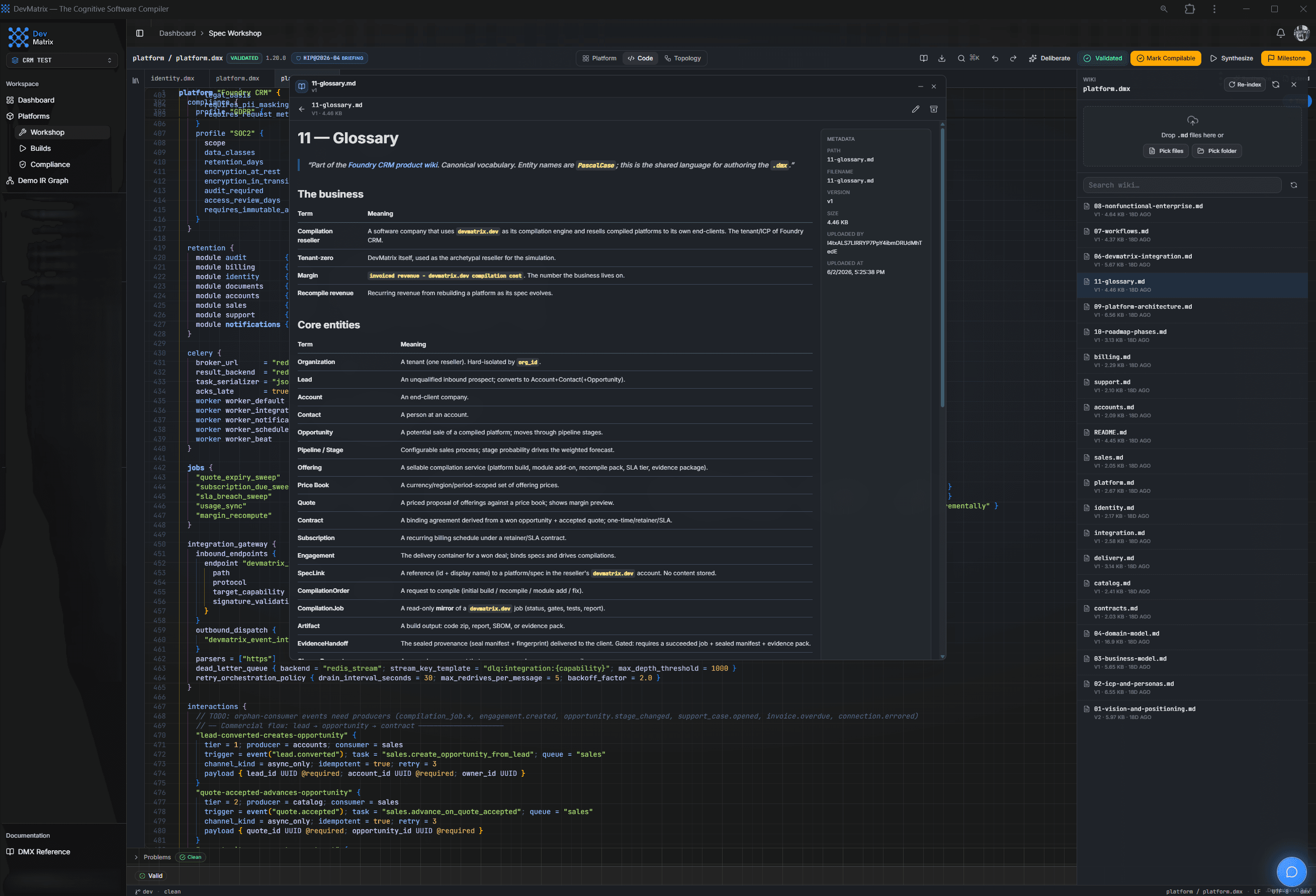 The platform wiki drawer with uploaded Markdown docs, search and re-index controls
