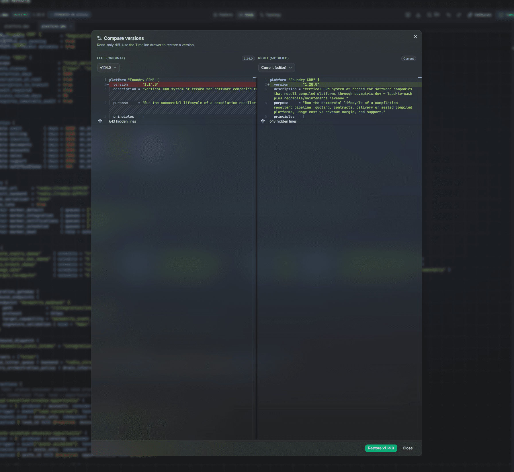 The Compare-versions modal showing a side-by-side diff between two revisions of a DMX spec