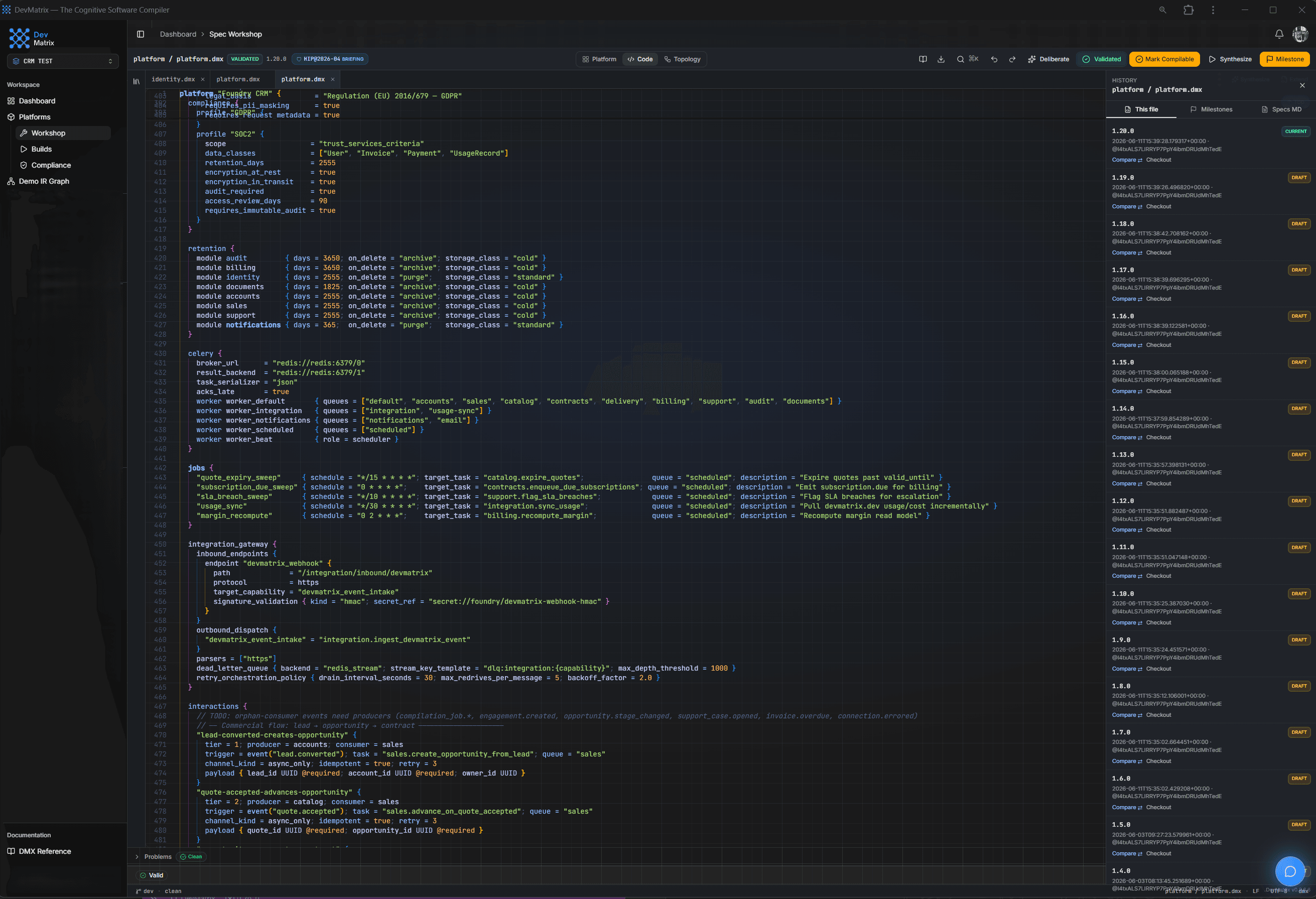 The Version Timeline drawer listing every spec revision tagged by source, with milestones and restore