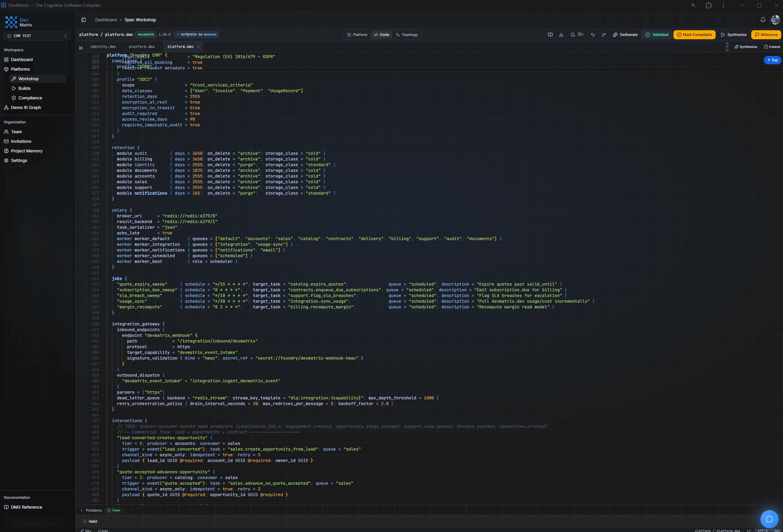 The DevMatrix Workshop with a DMX spec open in the Monaco editor, grammar-aware highlighting and the Platforms tree