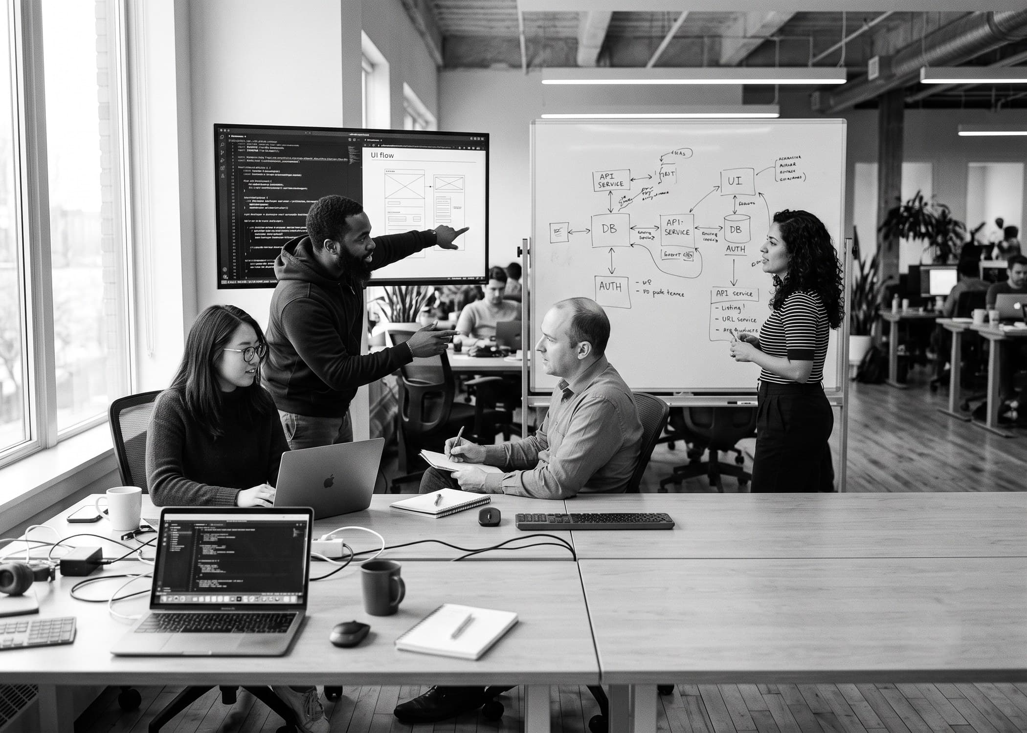 An engineering team working together on a compiled platform